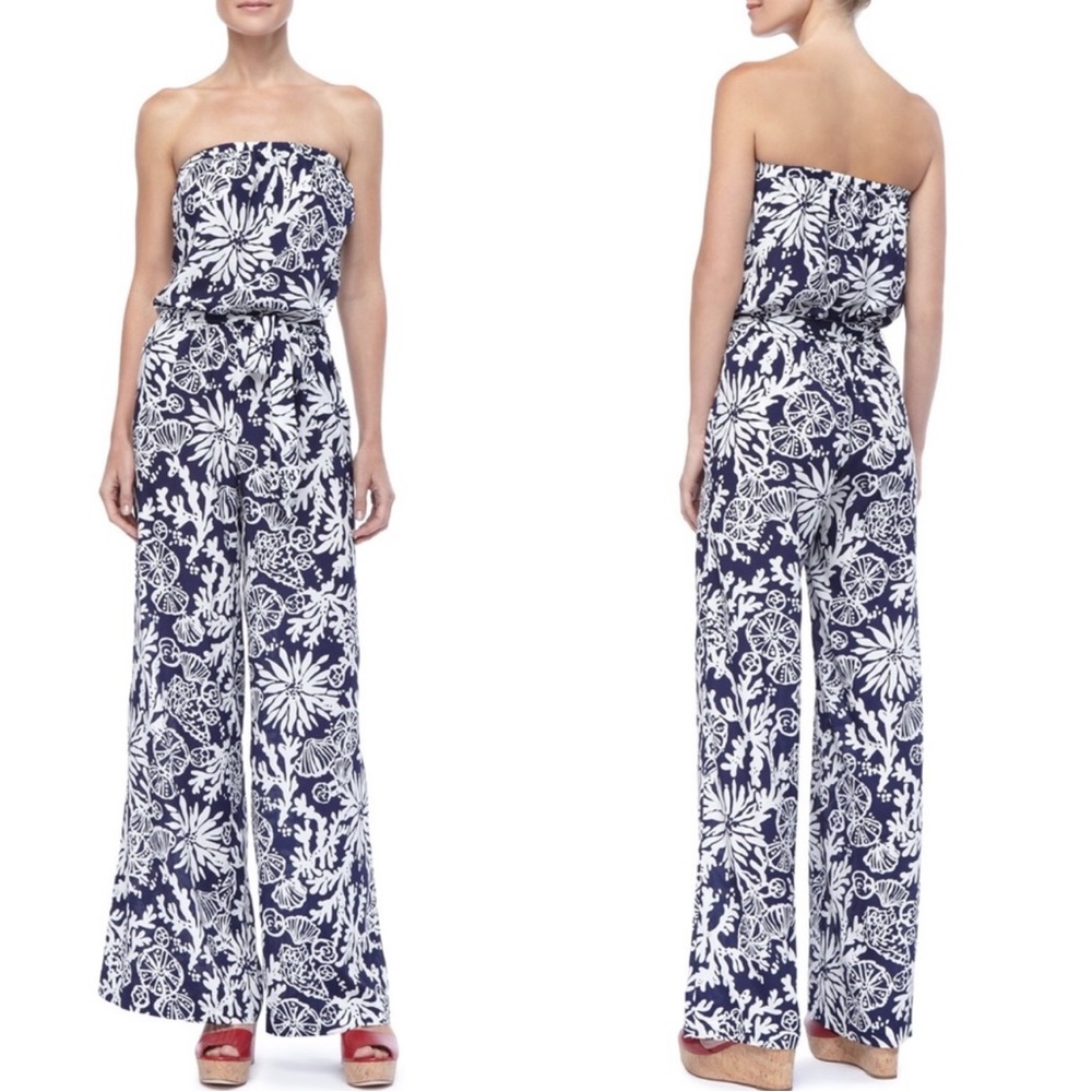 Lilly Pulitzer Farrah Printed Strapless Navy Jumpsuit, Size M